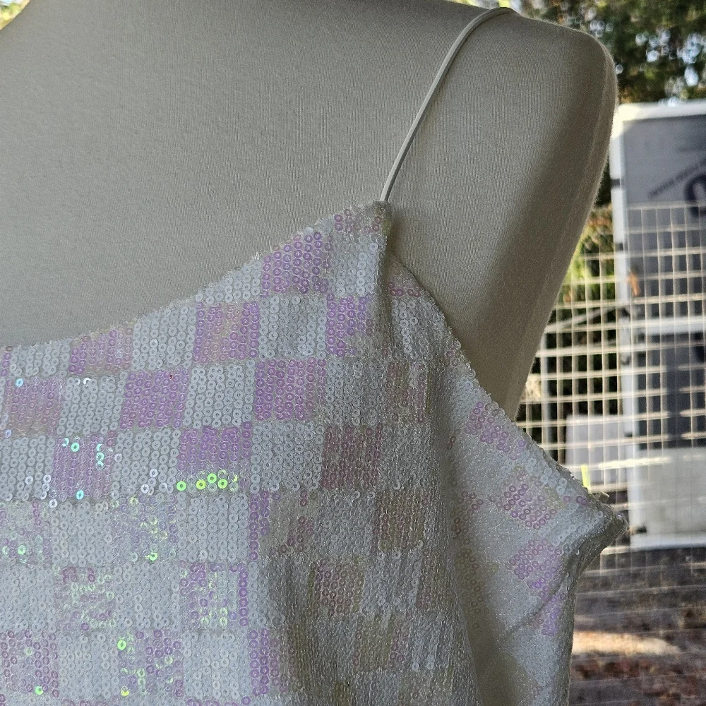 Crop Top Size L Iridescent Lavender Checkered Sequin Spaghetti Strap Mermaid Y2K - Picture 2 of 10